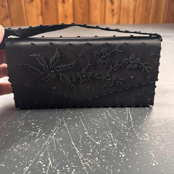 Handbags - VTG Marcus Bros Clutch Handbag Black Beaded Floral Sequins Whimsi Fairy Goth